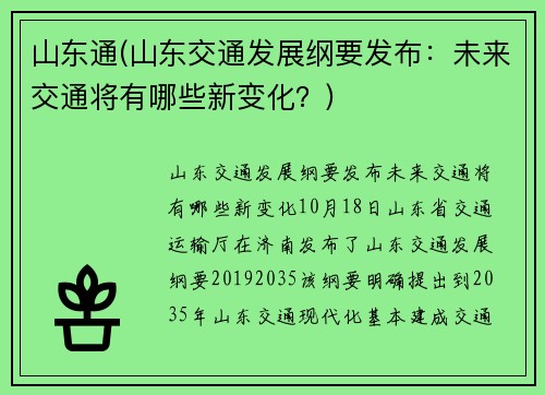 山东通(山东交通发展纲要发布：未来交通将有哪些新变化？)