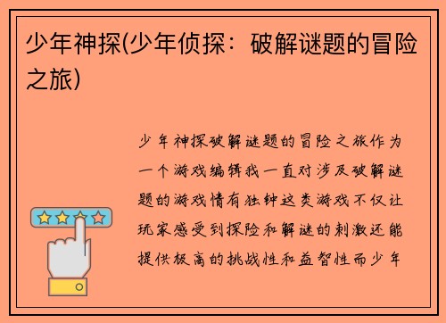 少年神探(少年侦探：破解谜题的冒险之旅)